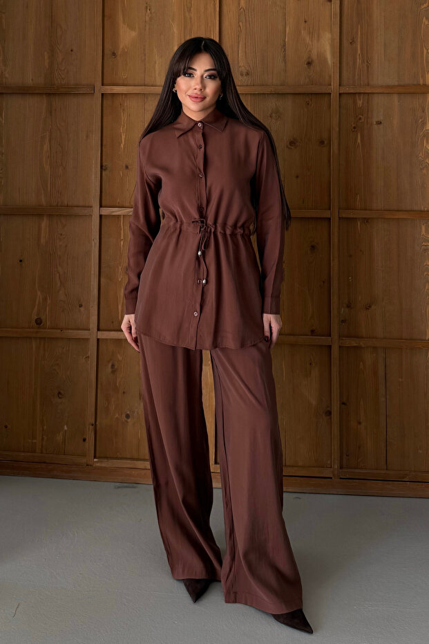 Women's Shirt Collar Lace-Up Comfortable Cut Minimal Tansel Set 3185
