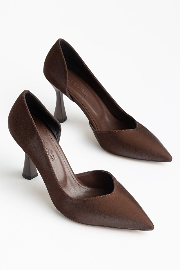 Plus Size Women's Stiletto Heel U Stiletto Brown Shiny Satin Side Open