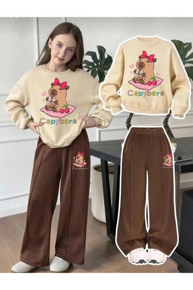 Winter Capybara Printed Girl's Top and Bottom Set in Beige and Brown Grass Colors