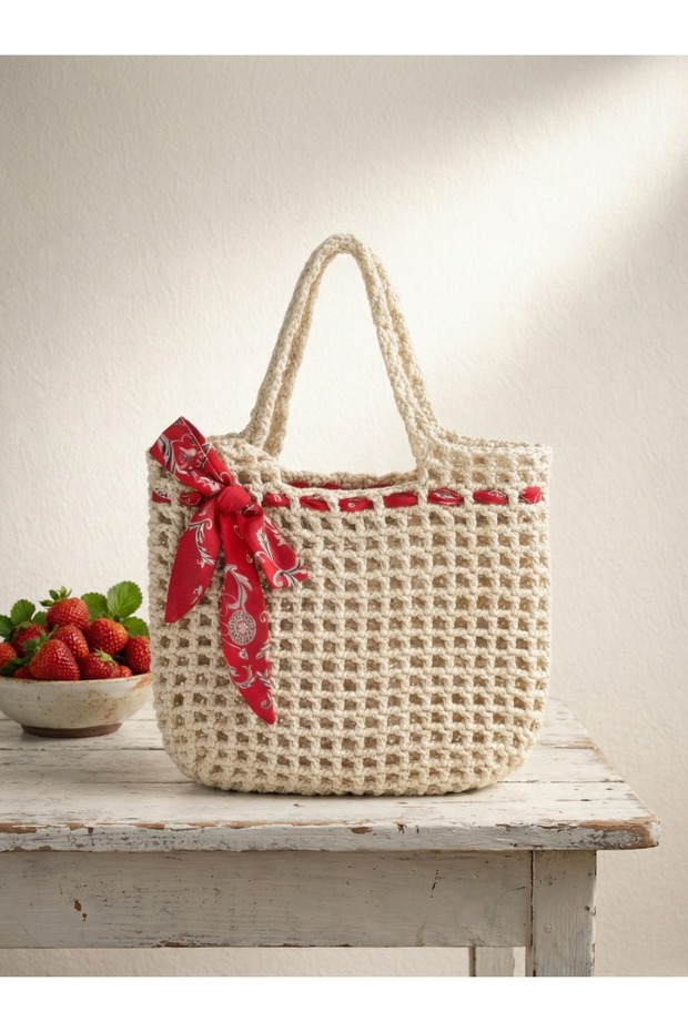 Scarf Detailed Knitted Beach Bag Si - Cream Mesh Shoulder Bag