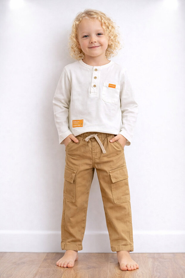 Boy's Ecru Long Sleeve Bodysuit and Beige Cargo Pants 2-Piece Set