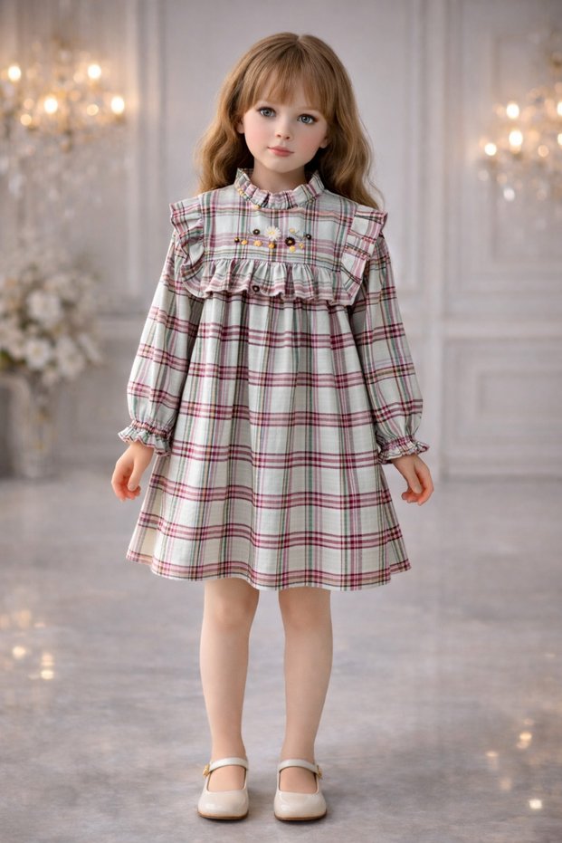 Eid Girls' Plaid Embroidered Dress – Ruffle Detail Stylish Comfortable Casual Special Occasion Dress