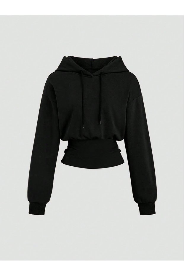 Women's Black Waist-Fitted Oversized Casual Cropped Natural Fabric Cotton Pack Sweatshirt