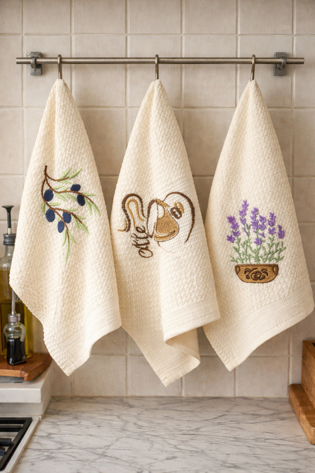 Embroidered Piqué Textured Kitchen Towel Set of 3 40X60 cm | Cotton Pieces of Drying Cloth | Kitchen Hand Towel