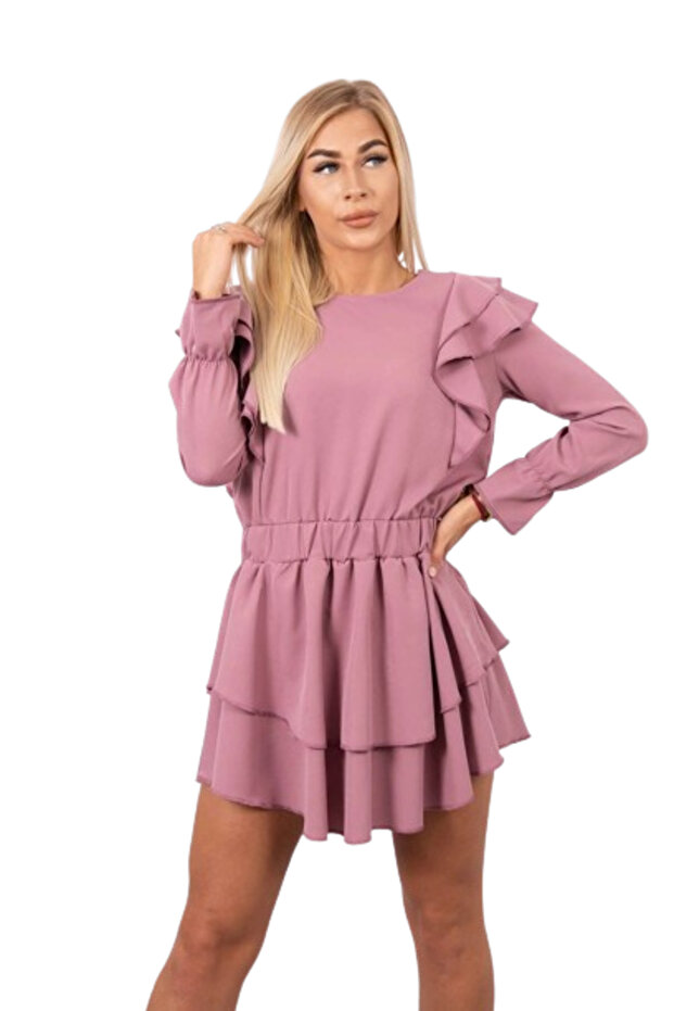 Rochie cu volane verticale, roz închis