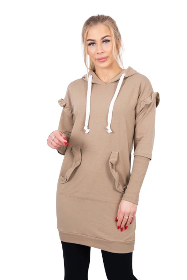 Rochie camel cu volane decorative și glugă