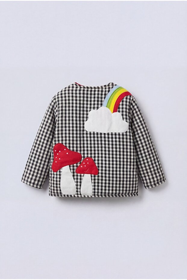 Unisex Children's Cotton Pack Black and White Mushroom Embroidered Gingham Jacket - Snap Fastener Detailed