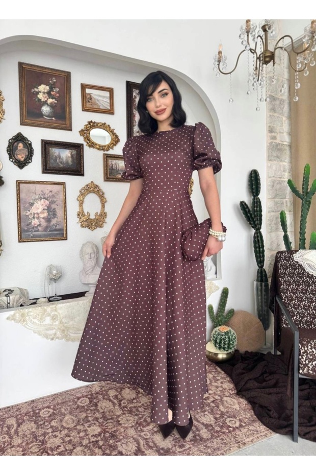 Brown Polka Dot Balloon Sleeve Vintage Long Dress