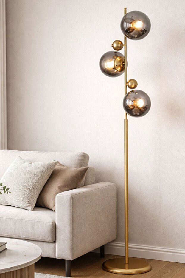 Taşcan Aydınlatma Elora Eskitme Toplu Metal Ayaklı Lambader Füme Camlı Modern , Oturma Odası ,Yatak Odası , Salon Lamb