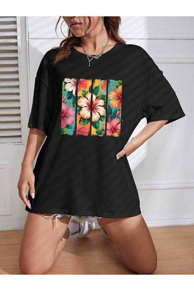Premium Flower B Printed O Oversized Crew Neck Short Sleeve Combed Cotton Women's Tshirt