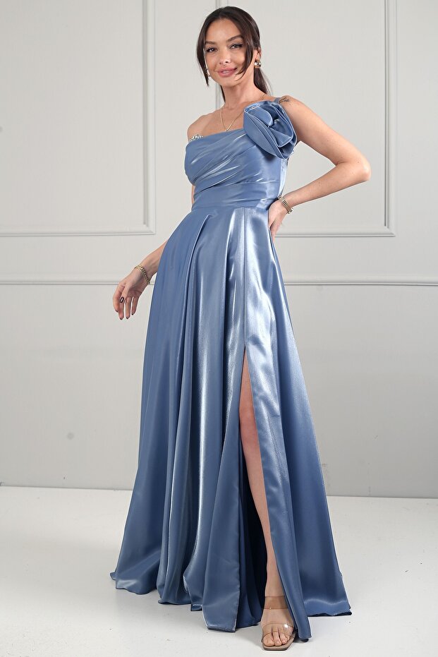Women's Single Strap Stone Detailed Strapless Yaka Lined Long Satin Dress
