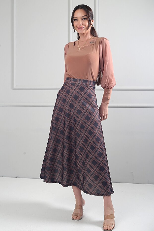 Women's Elastic Waist Checked Viscose Satin Lycra Piece Long Skirt