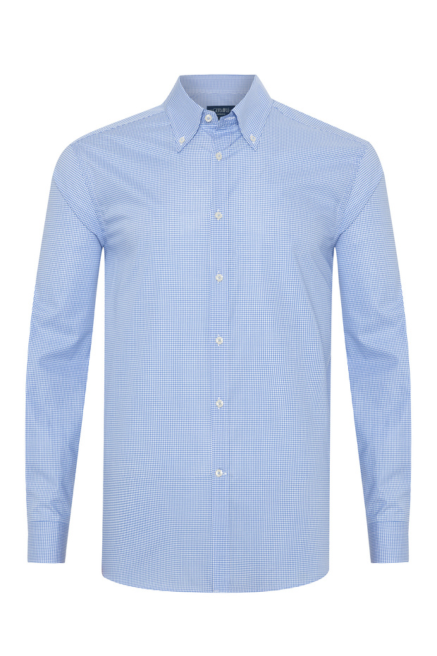 Testa Exclusive Blue Mini Gingham Button Collar Tailor Fit Cotton Shirt