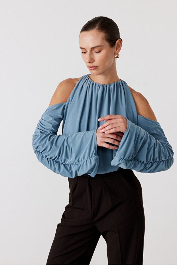 Omuz Dekolteli Bluz Mavi - 2