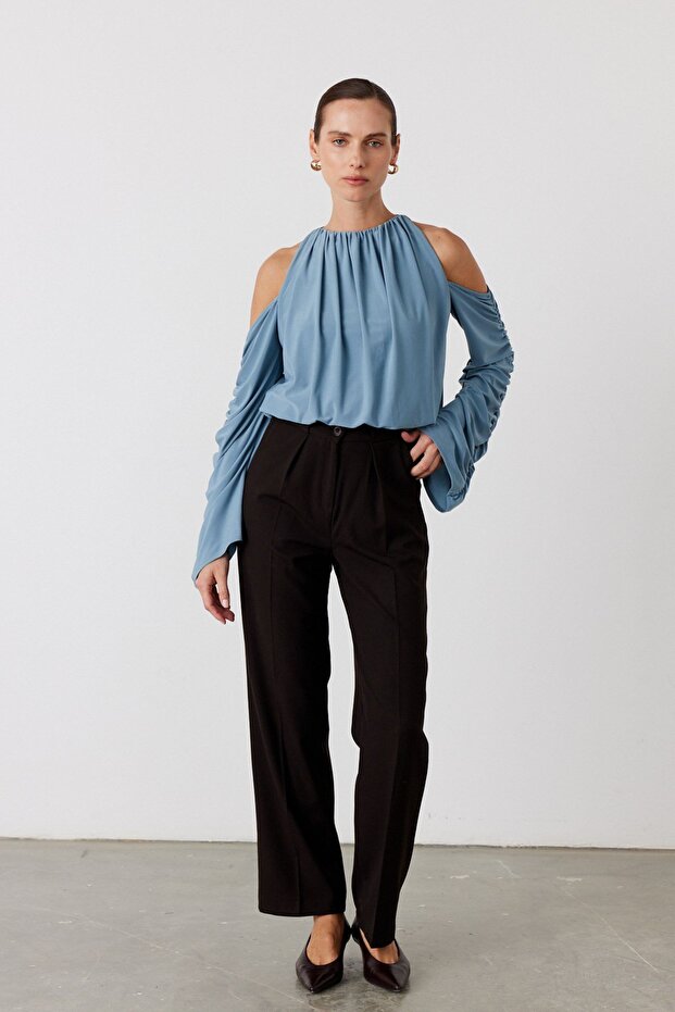 Omuz Dekolteli Bluz Mavi - 4