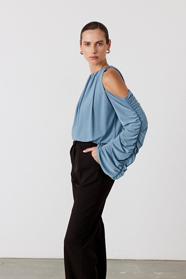 Omuz Dekolteli Bluz Mavi - 5