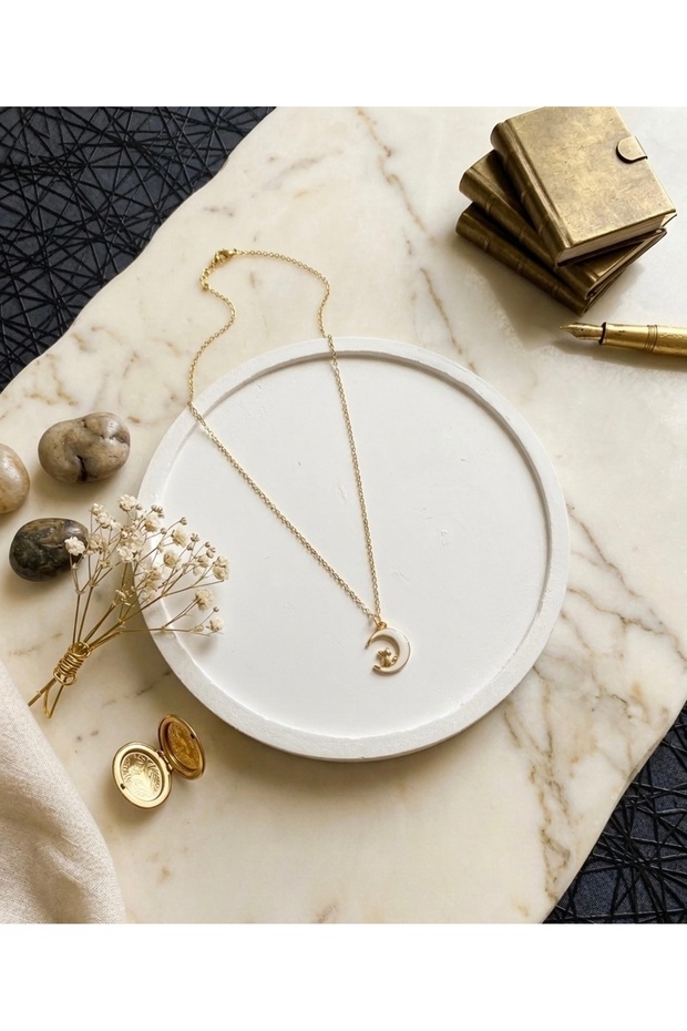 Necklace with Moon and Cat Detail