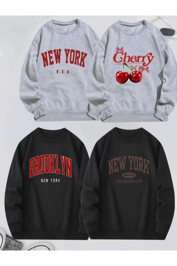 Crew Neck Black and Gray Printed Long Sleeve Unisex Sweatshirt 4-Pack