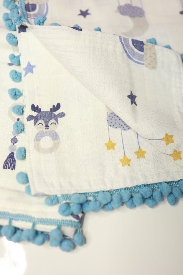 100% Cotton . Double-Layer Muslin Baby with Pompom on the Edge Patterned Si Blanket