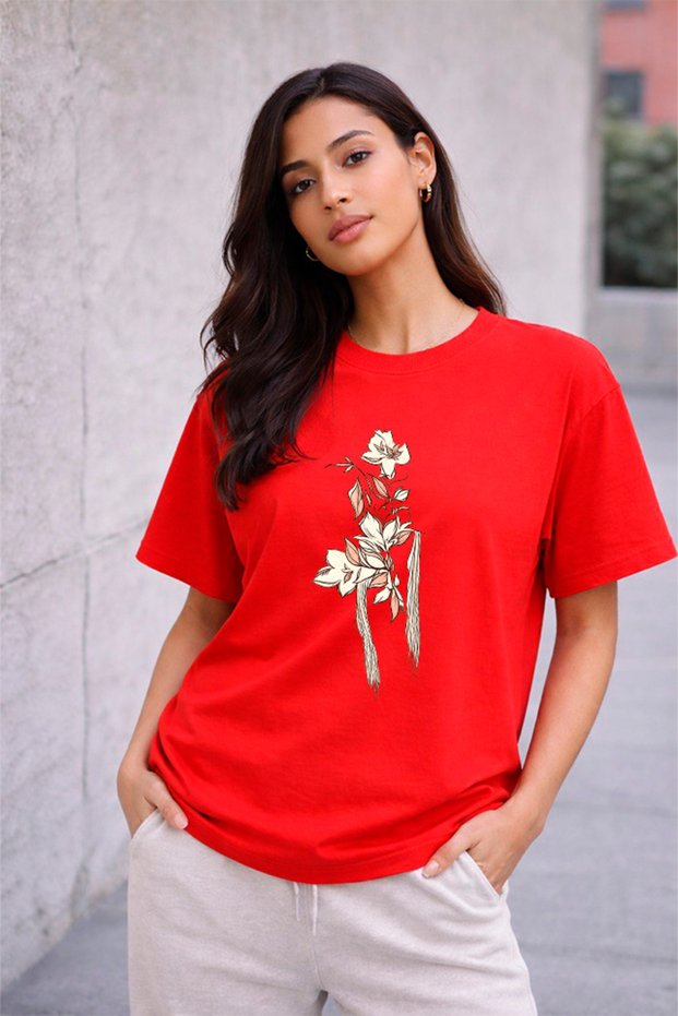 Women's Printed Detail Oversize Bol Cut T-Shirt with Cycling Neck