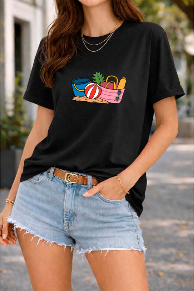 Women's Printed Detail Oversize Bol Cut T-Shirt with Cycling Neck