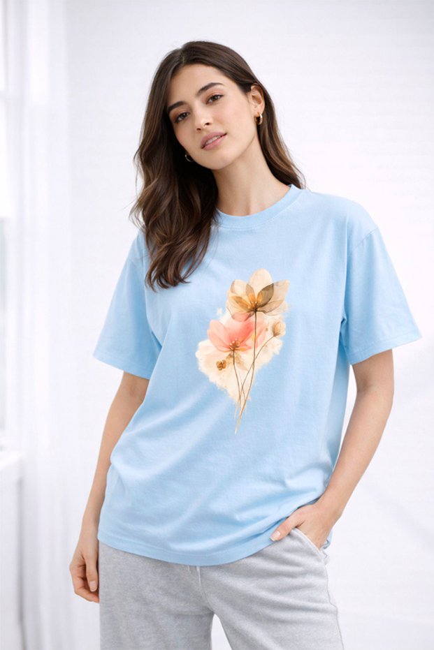 Women's Printed Detail Oversize Bol Cut T-Shirt with Cycling Neck