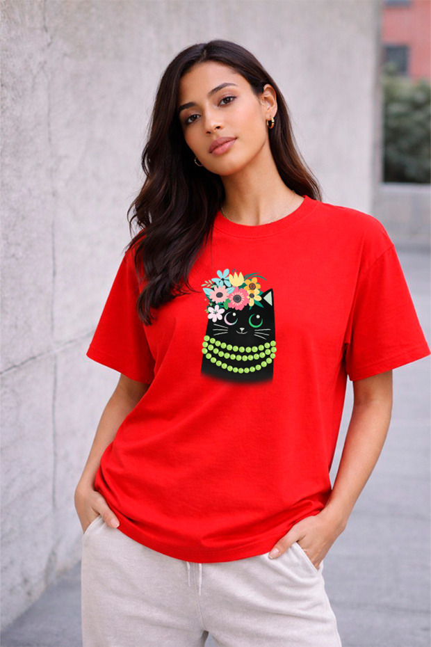Women's Printed Detail Oversize Bol Cut T-Shirt with Cycling Neck