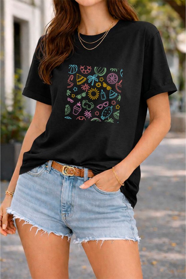 Women's Printed Detail Oversize Bol Cut T-Shirt with Cycling Neck