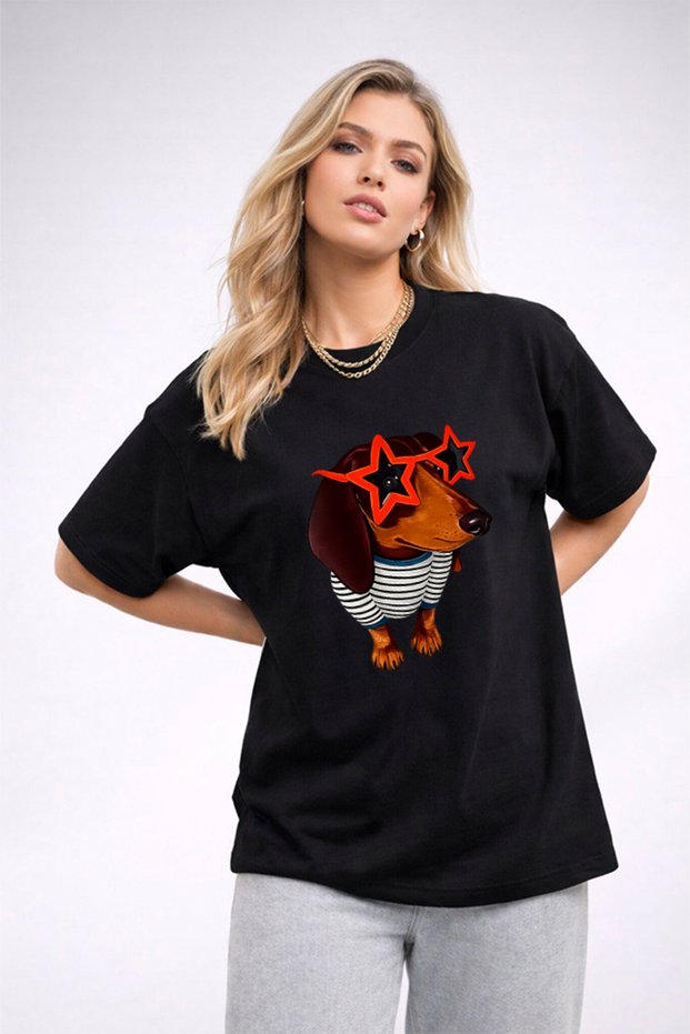 Women's Printed Detail Oversize Bol Cut T-Shirt with Cycling Neck