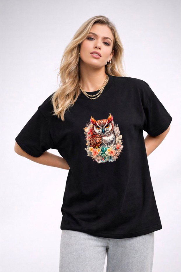 Women's Printed Detail Oversize Bol Cut T-Shirt with Cycling Neck