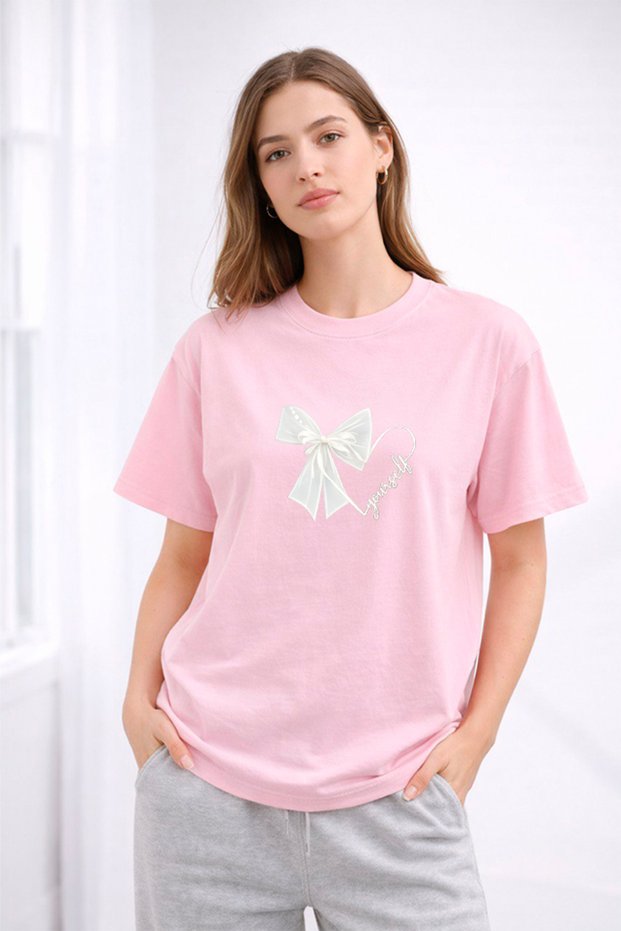 Women's Printed Detail Oversize Bol Cut T-Shirt with Cycling Neck