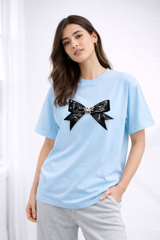 Women's Printed Detail Oversize Bol Cut T-Shirt with Cycling Neck