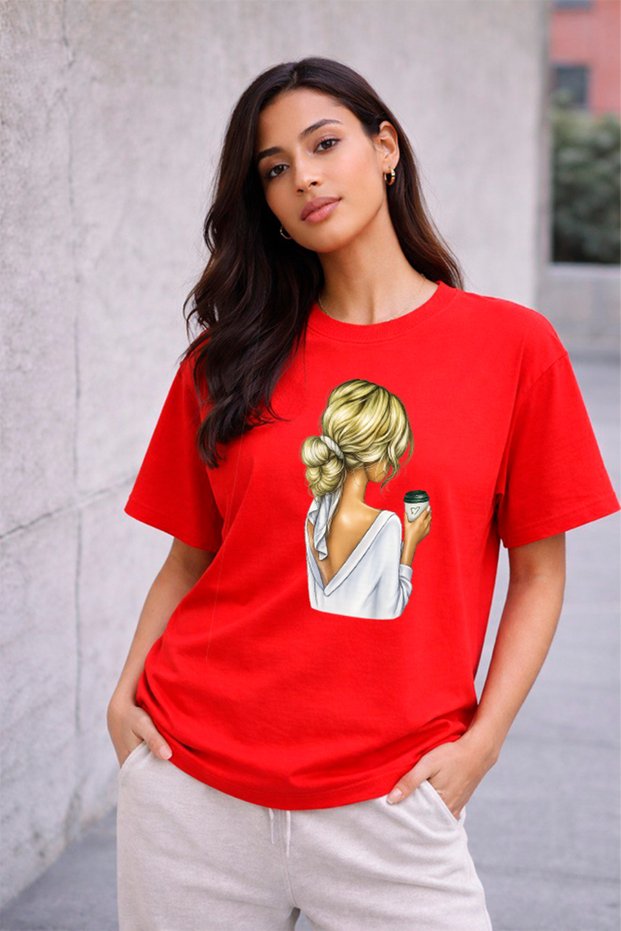 Women's Printed Detail Oversize Bol Cut T-Shirt with Cycling Neck