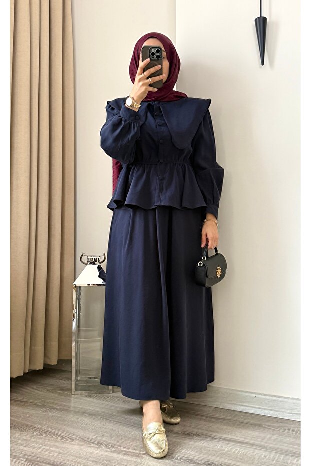Tensel Fabric Collar Detail Double Skirt Set