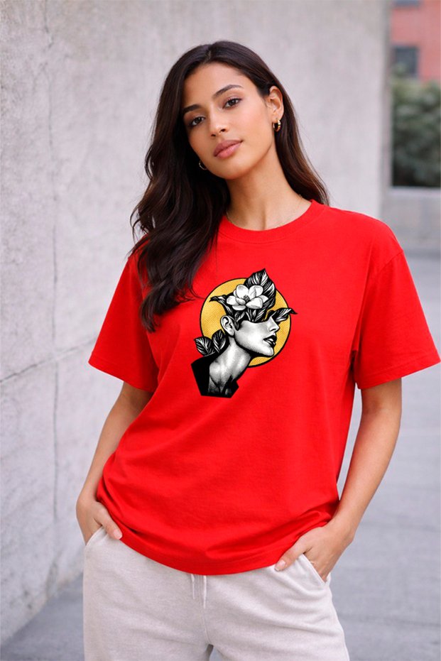 Women's Printed Detail Oversize Bol Cut T-Shirt with Cycling Neck