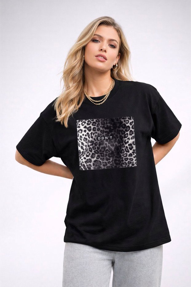 Women's Printed Detail Oversize Bol Cut T-Shirt with Cycling Neck