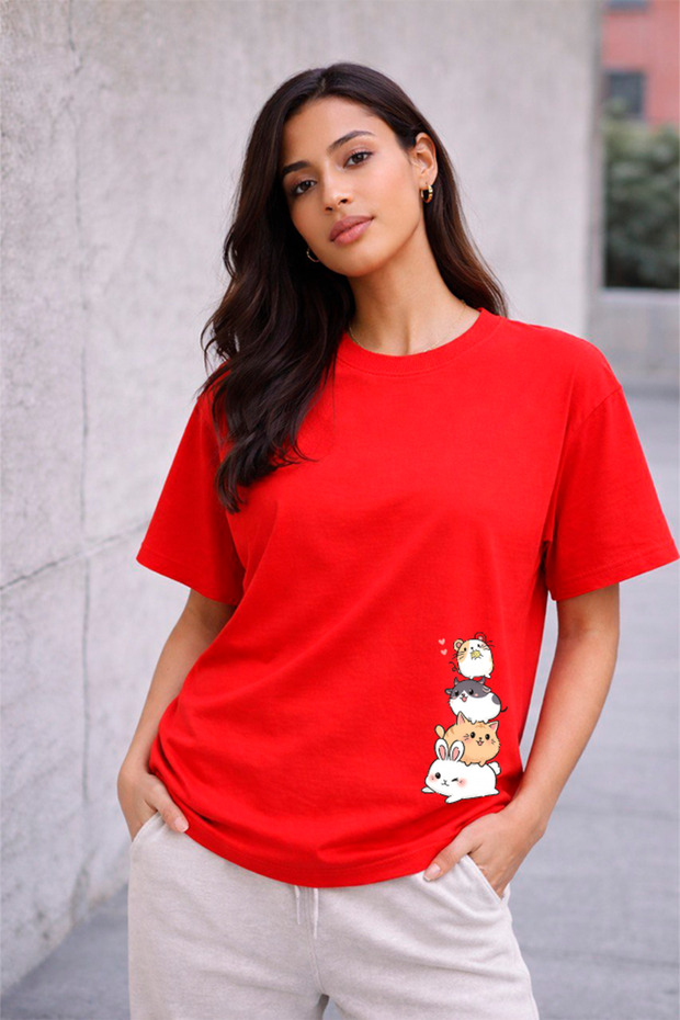 Women's Printed Detail Oversize Bol Cut T-Shirt with Cycling Neck
