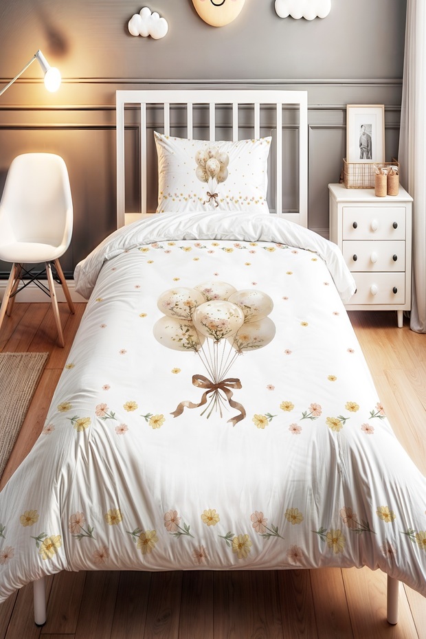 Floral Balloons Patterned Single Baby Kids Bedding Set