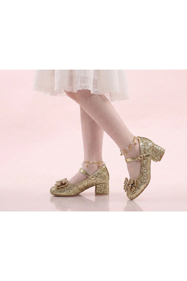 Broken Glass Patterned Elegant Heeled Children's Evening Dress Shoes with Bow