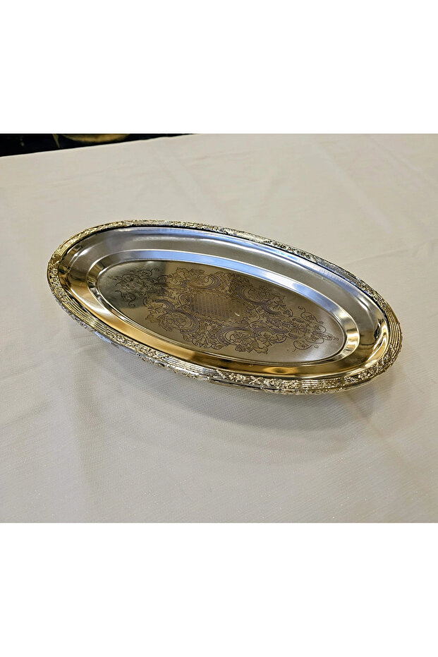 Stainless Steel Oval Presentation Plate with Casted Edge Frame 35 cm Silver