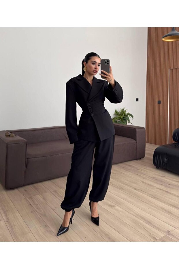Cross-Tie Buttoned Back-Adjustable Design Blazer Jacket Elastic Carrot Shalwar Pants Set
