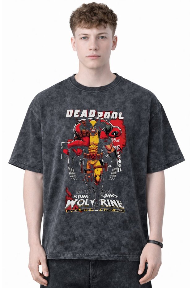 Design Deadpool Wolverine Movie Hero Printed Unisex Oversized Vintage Washed T-Shirt