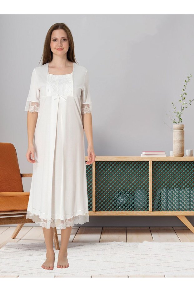 Dvina Lohusa Hamile Lace Detailed Short Sleeve Nightgown - Ecru