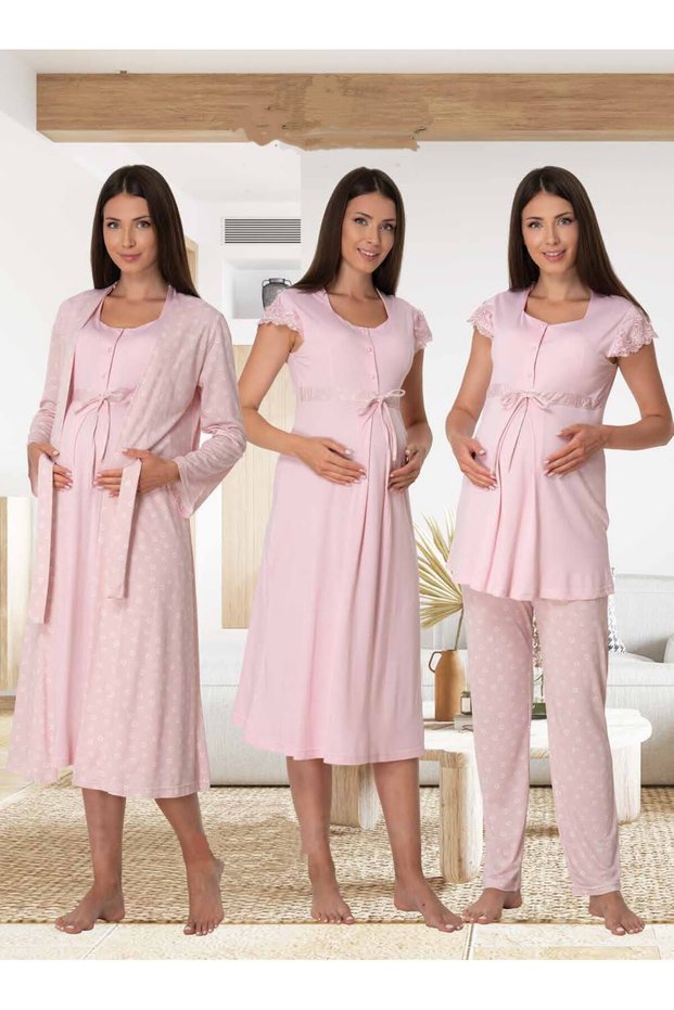 Dvina Maternity Nightgown, Patterned Dressing Gowns and Pajama Set - 4-Piece Set - Pink