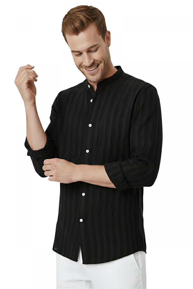 Black Line Textured Premium Collar Comfortable Fit Wrinkled Viscose Linen Men's Shirt 2602621