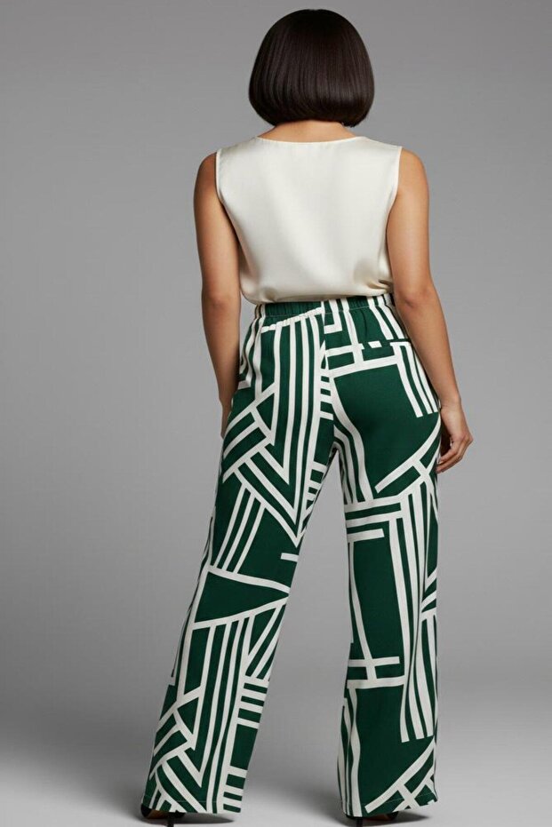 3030 High Waist Patterned Viscose Loose Summer Women's - Comfortable Cut Trendy Trousers