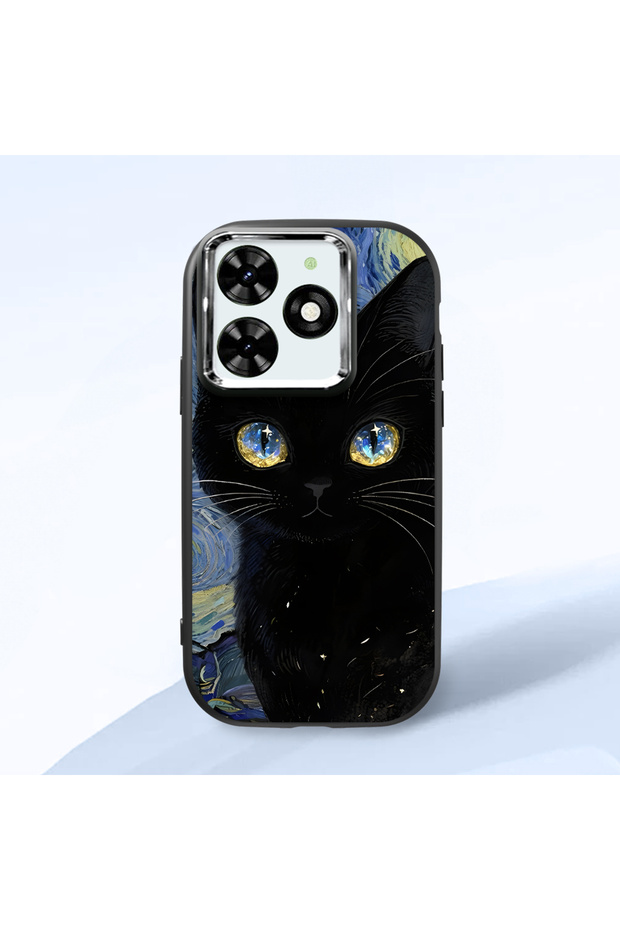 Tecno Spark 20/20C Compatible Shock-Absorbing Camera Protected Black Silicone Case Cat Patterned