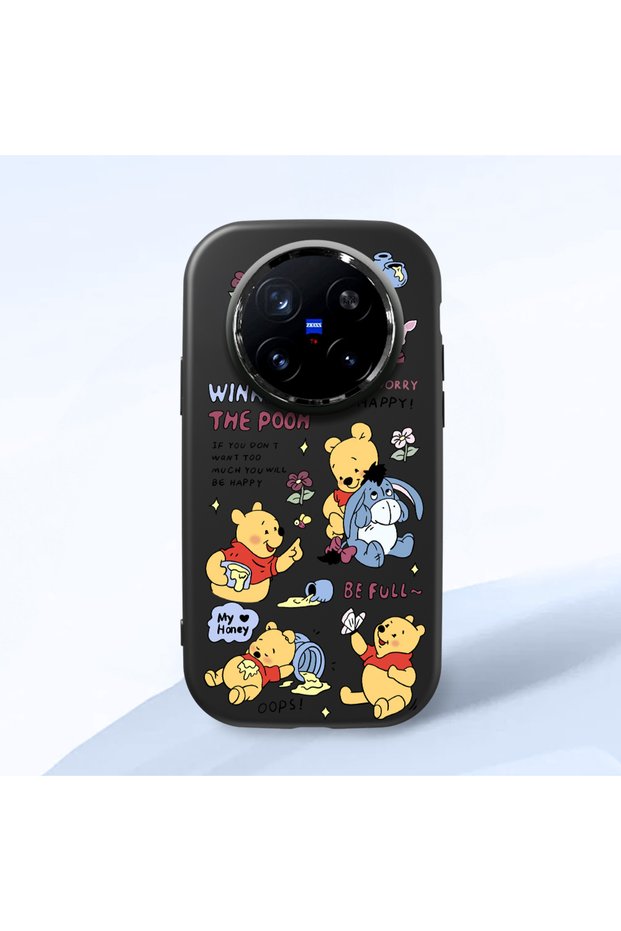 حافظة سيليكون سوداء متوافقة مع هاتف Vivo X200 Pro مع حماية للكاميرا ماصّ للصدمات درجة كارتون منقوش