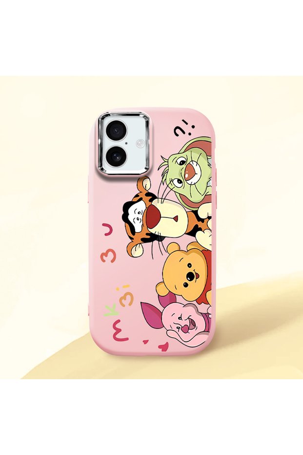 iPhone 16 Plus Compatible Shock-Absorbing Camera Protected Pink Silicone Case Cartoon Patterned