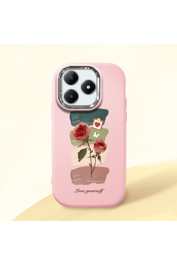 Realme Note 60/60X Compatible Shock-Absorbing Camera Protected Pink Silicone Case Artistic Patterns